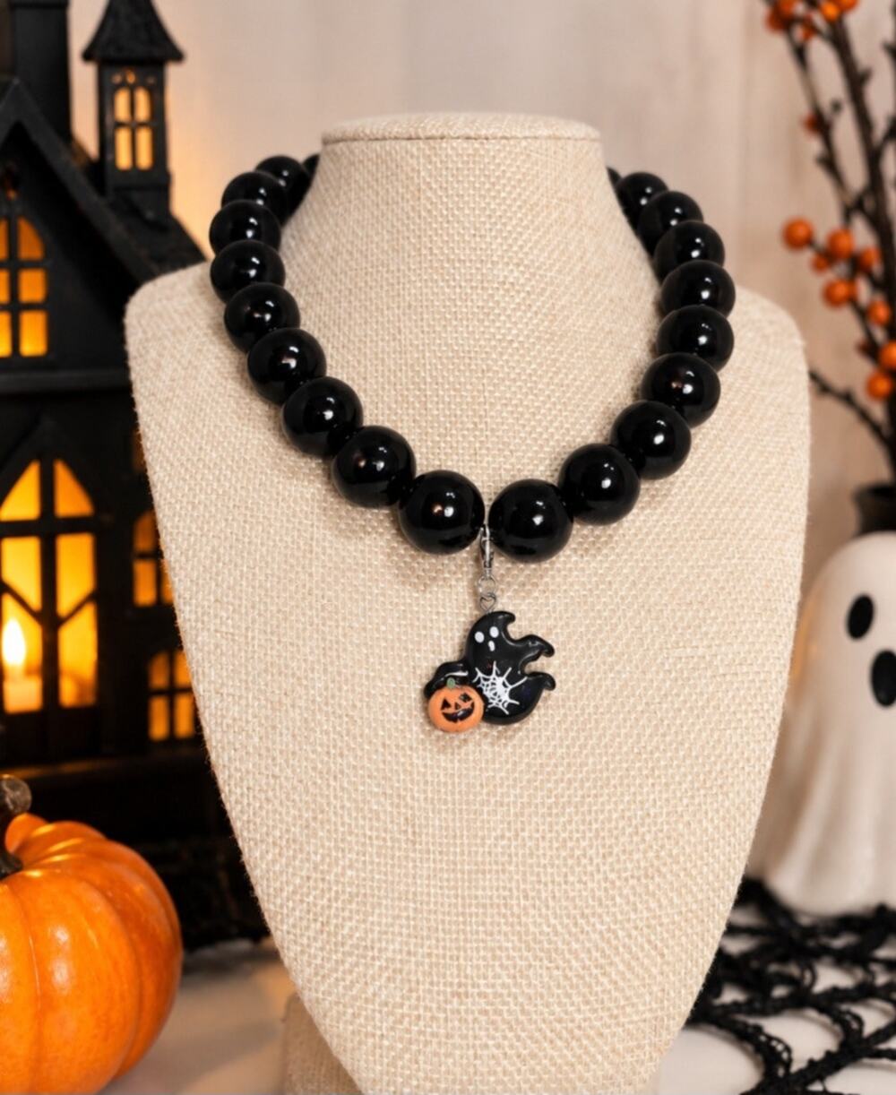 Halloween Black Large Beaded Ghost Charm Necklace New